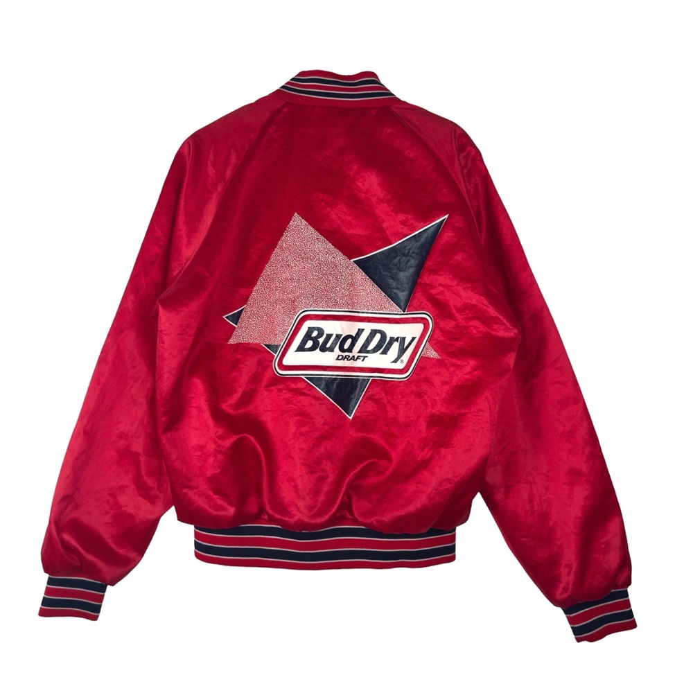 Vintage 1990s Bud Dry Red Satin Bomber Nylon Jacket Made in USA Anheuser Busch L